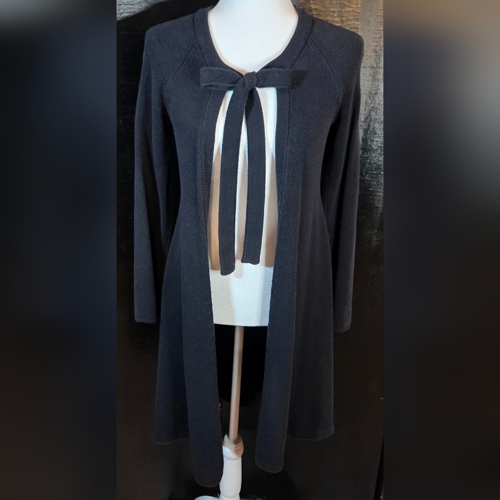 Daisy Fuentes Long Cardigan/Wrap Black Sweater Tie Neck Size Small